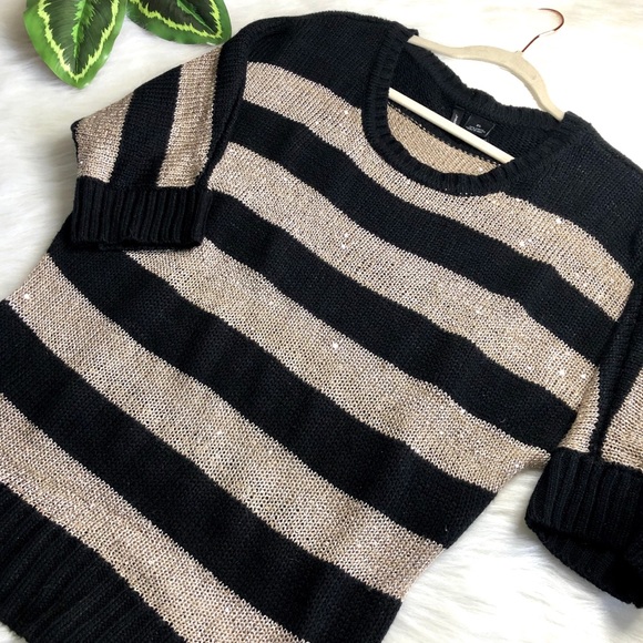 -Tan & Black Striped Knit Sparkle Sweater - Picture 4 of 12